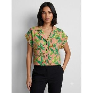 Monteau Los Angeles Tropical Palm Parrot Print Linen Blend Crop Blouse Pink S